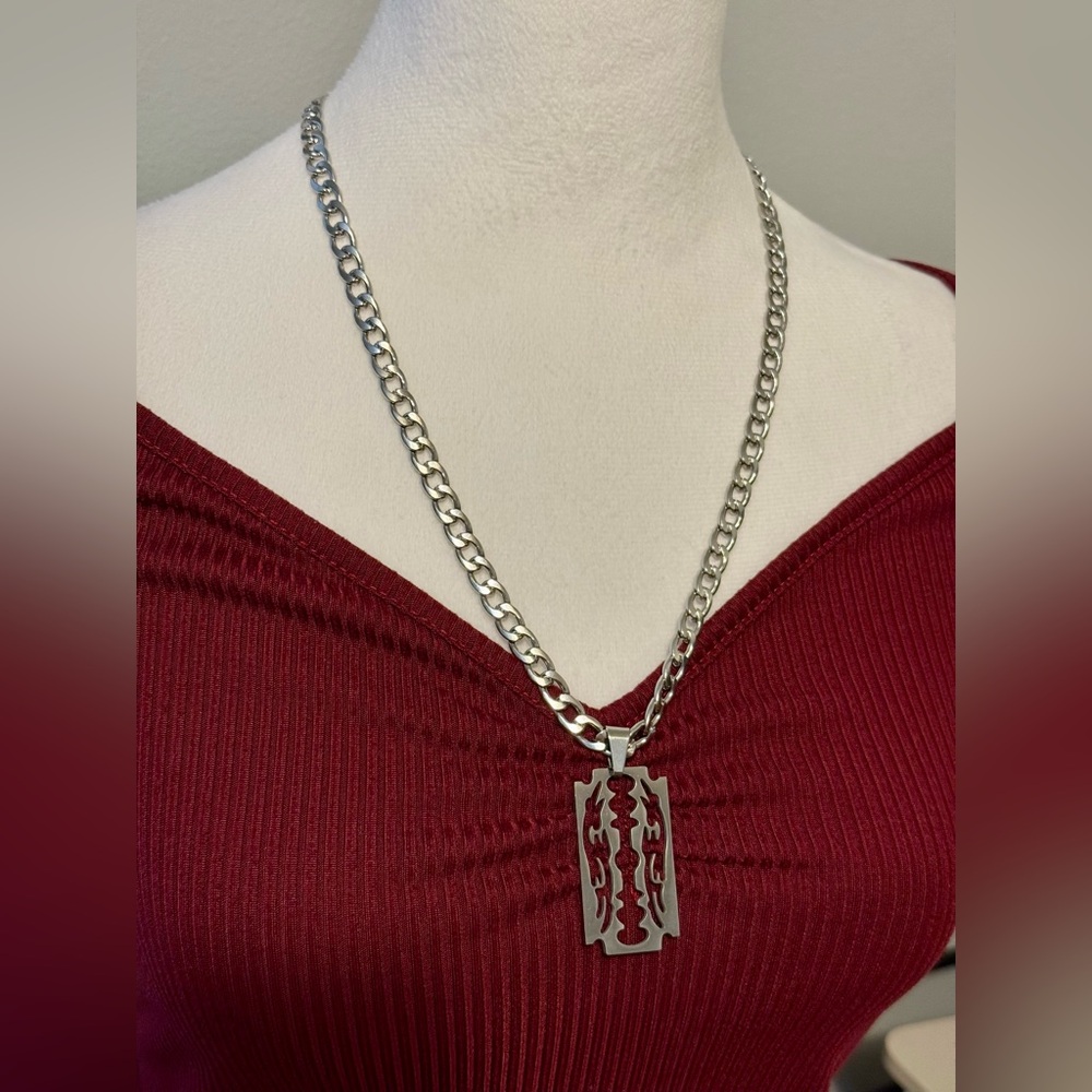 Men's Cuban Chain Necklace with Blade Pendant - Stainless Steel Edgy Hip-Hop New